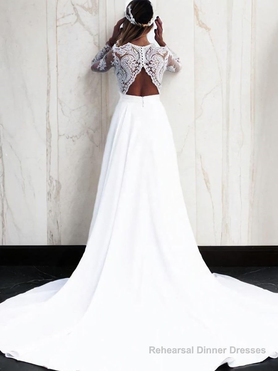 A-Line/Princess V-neck Sweep Train Stretch Crepe Wedding Dresses Secondary image