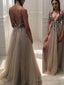 A-Line/Princess V-neck Sweep Train Tulle Evening Dresses With Rhinestone