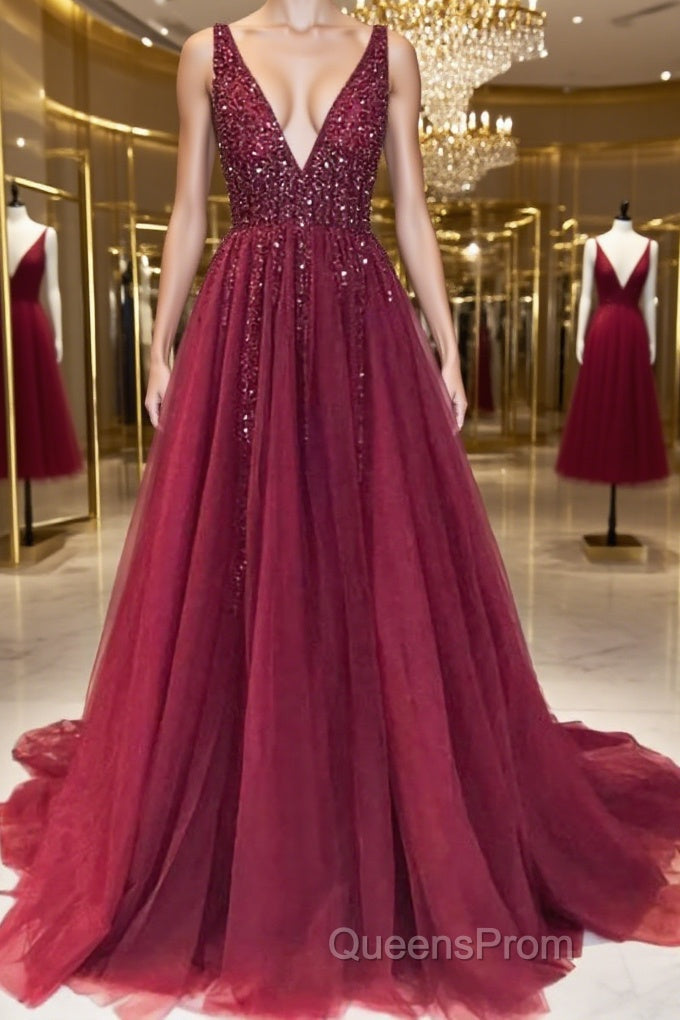 A-Line/Princess V-neck Sweep Train Tulle Evening Dress With Ruffles Main image