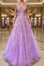 A-Line/Princess V-neck Sweep Train Tulle Evening Prom Dress With Appliques Lace