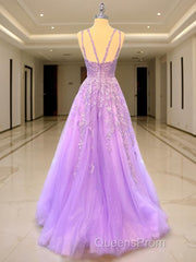 A-Line/Princess V-neck Sweep Train Tulle Evening Prom Dress With Appliques Lace