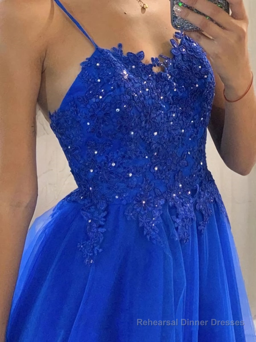 A-Line/Princess V-neck Sweep Train Tulle Prom Dresses With Appliques Lace Secondary image