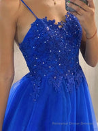 A-Line/Princess V-neck Sweep Train Tulle Prom Dresses With Appliques Lace