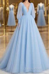 A-Line/Princess V-neck Sweep Train Tulle Evening Prom Dress With Ruffles