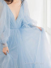 A-Line/Princess V-neck Sweep Train Tulle Evening Prom Dress With Ruffles