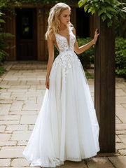 A-Line/Princess V-neck Sweep Train Tulle Wedding Dresses