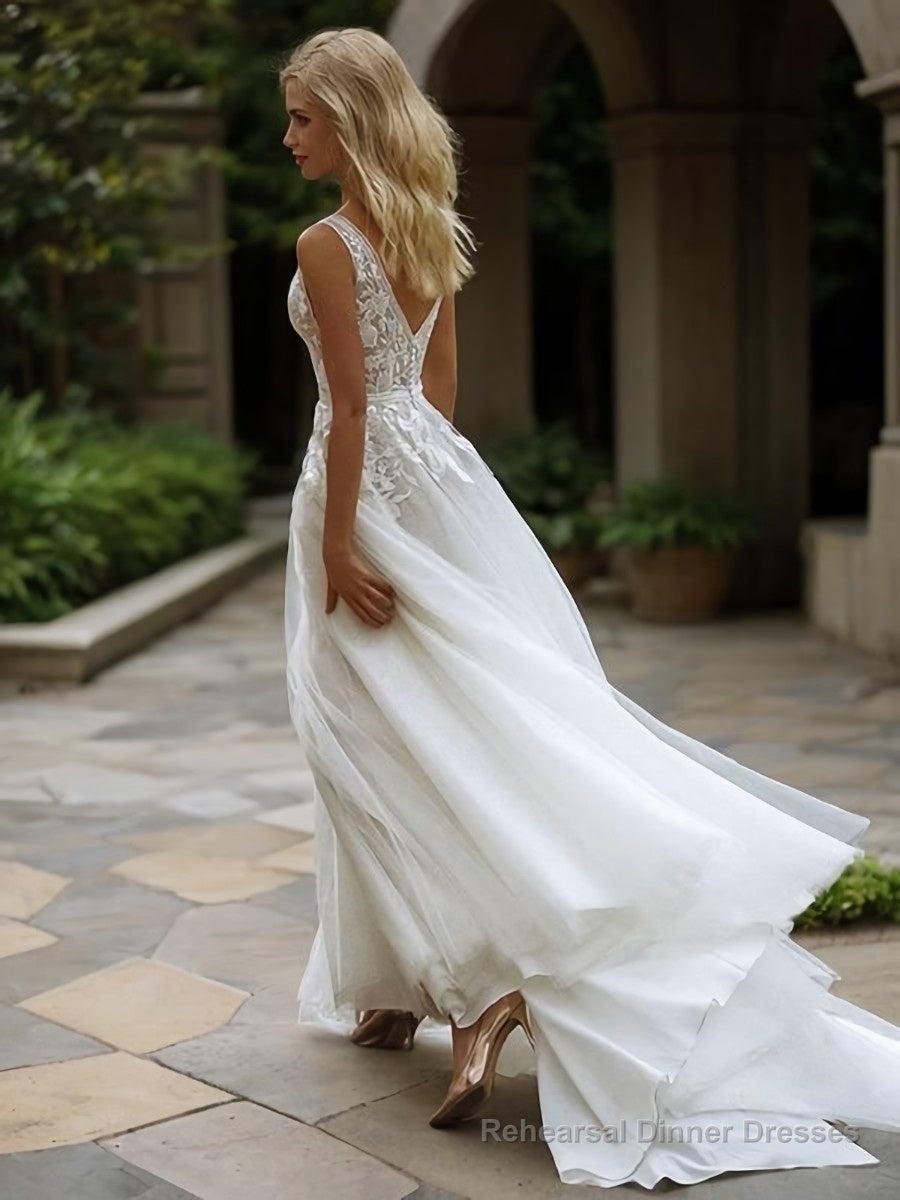 A-Line/Princess V-neck Sweep Train Tulle Wedding Dresses Secondary image