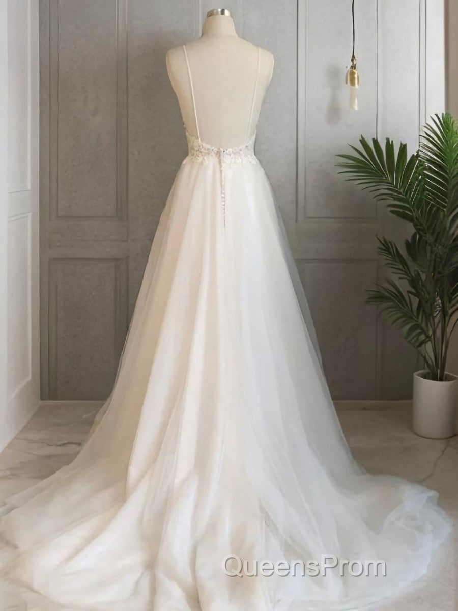 A-Line/Princess V-neck Sweep Train Tulle Wedding Dress With Appliques Lace Secondary image