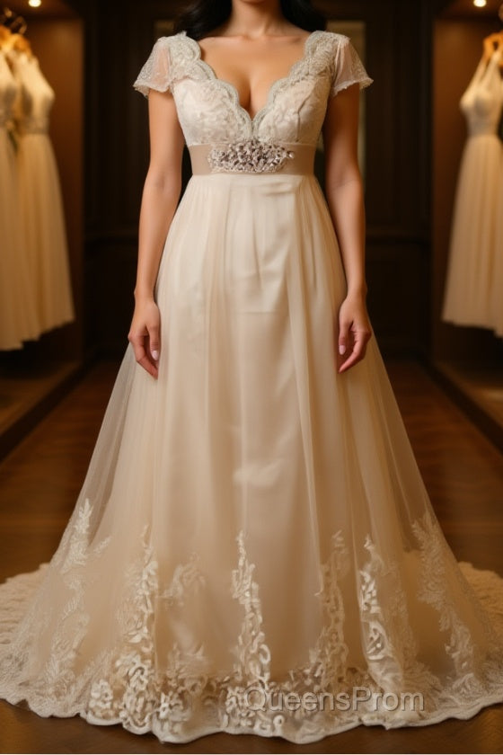 A-Line/Princess V-neck Sweep Train Tulle Wedding Dress With Beading Main image