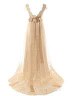 A-Line/Princess V-neck Sweep Train Tulle Wedding Dress With Beading