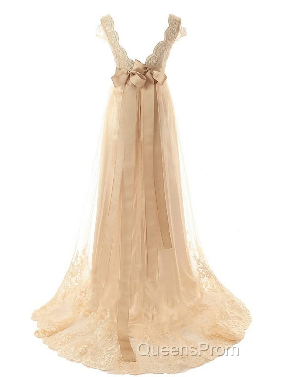 A-Line/Princess V-neck Sweep Train Tulle Wedding Dress With Beading