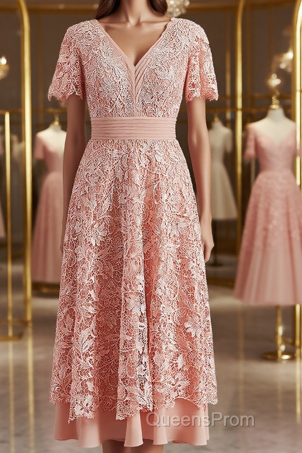 A-Line/Princess V-neck Tea-Length Chiffon Mother of the Bride Dress With Appliques Lace Main image