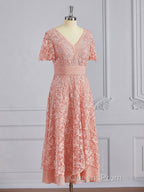 A-Line/Princess V-neck Tea-Length Chiffon Mother of the Bride Dress With Appliques Lace