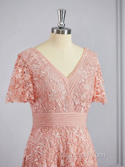 A-Line/Princess V-neck Tea-Length Chiffon Mother of the Bride Dress With Appliques Lace