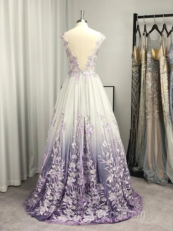 A-Line/Princess V-Neck Tulle Applique Sleeveless Floor-Length Evening Prom Dress Secondary image