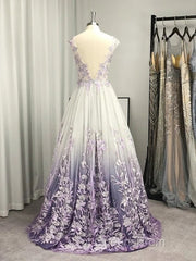 A-Line/Princess V-Neck Tulle Applique Sleeveless Floor-Length Evening Prom Dress