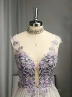 A-Line/Princess V-Neck Tulle Applique Sleeveless Floor-Length Evening Prom Dress
