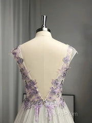 A-Line/Princess V-Neck Tulle Applique Sleeveless Floor-Length Evening Prom Dress