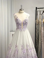 A-Line/Princess V-Neck Tulle Applique Sleeveless Floor-Length Evening Prom Dress
