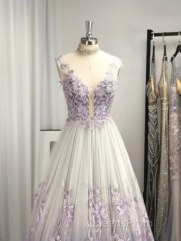A-Line/Princess V-Neck Tulle Applique Sleeveless Floor-Length Evening Prom Dress