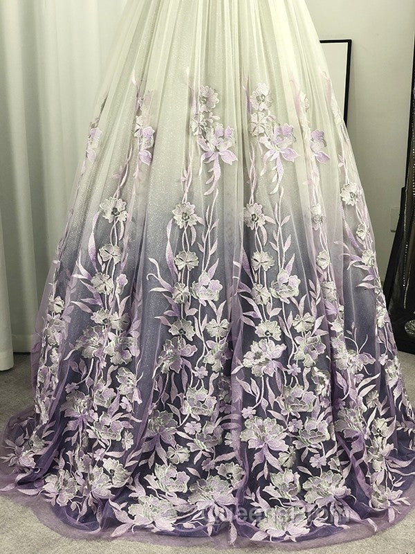A-Line/Princess V-Neck Tulle Applique Sleeveless Floor-Length Evening Prom Dress