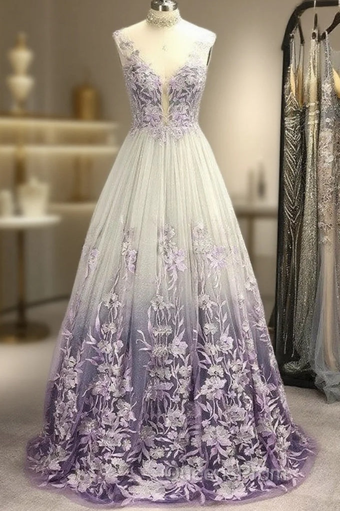 A-Line/Princess V-Neck Tulle Applique Sleeveless Floor-Length Evening Prom Dress Main image