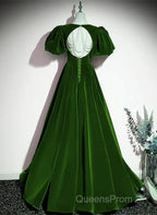 A-Line Princess Velvet Backless Ballgown Long Party Dress Short Sleeves Formal Dress Evening Prom Dress