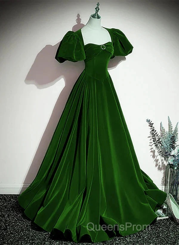 A-Line Princess Velvet Backless Ballgown Long Party Dress Short Sleeves Formal Dress Evening Prom Dress