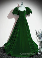 A-Line Princess Velvet Backless Ballgown Long Party Dress Short Sleeves Formal Dress Evening Prom Dress