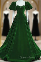 A-Line Princess Velvet Backless Ballgown Long Party Dress Short Sleeves Formal Dress Evening Prom Dress