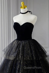 A-Line Evening Prom Dress Black Dress Dress Formal Birthday Floor Length Sleeveless Strapless Tulle With Ruched Sequin
