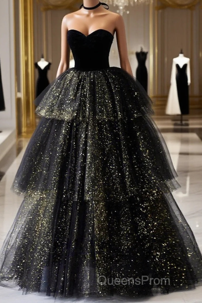 A-Line Evening Prom Dress Black Dress Dress Formal Birthday Floor Length Sleeveless Strapless Tulle With Ruched Sequin Main image