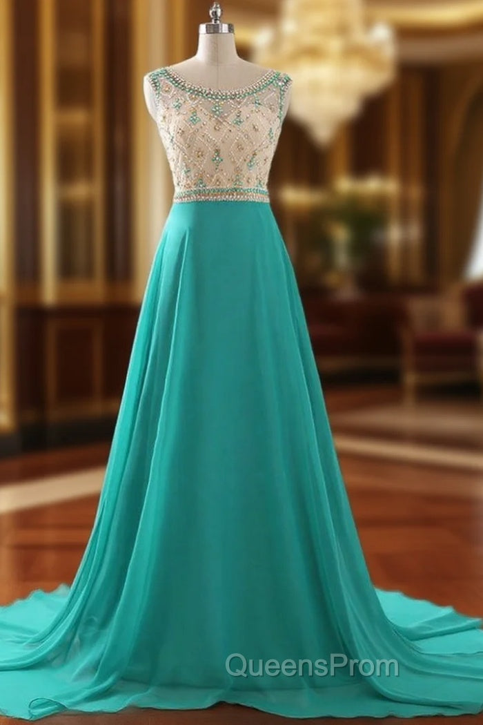 A Line Evening Prom Dress Chiffon Evening Dress Illusion Sparkly Beading Bodice Evening Prom Dress Main image