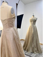 A-Line Evening Prom Dress Corsets Dress Wedding Party Sweep / Brush Train Sleeveless Spaghetti Strap Tulle With Glitter Pleats
