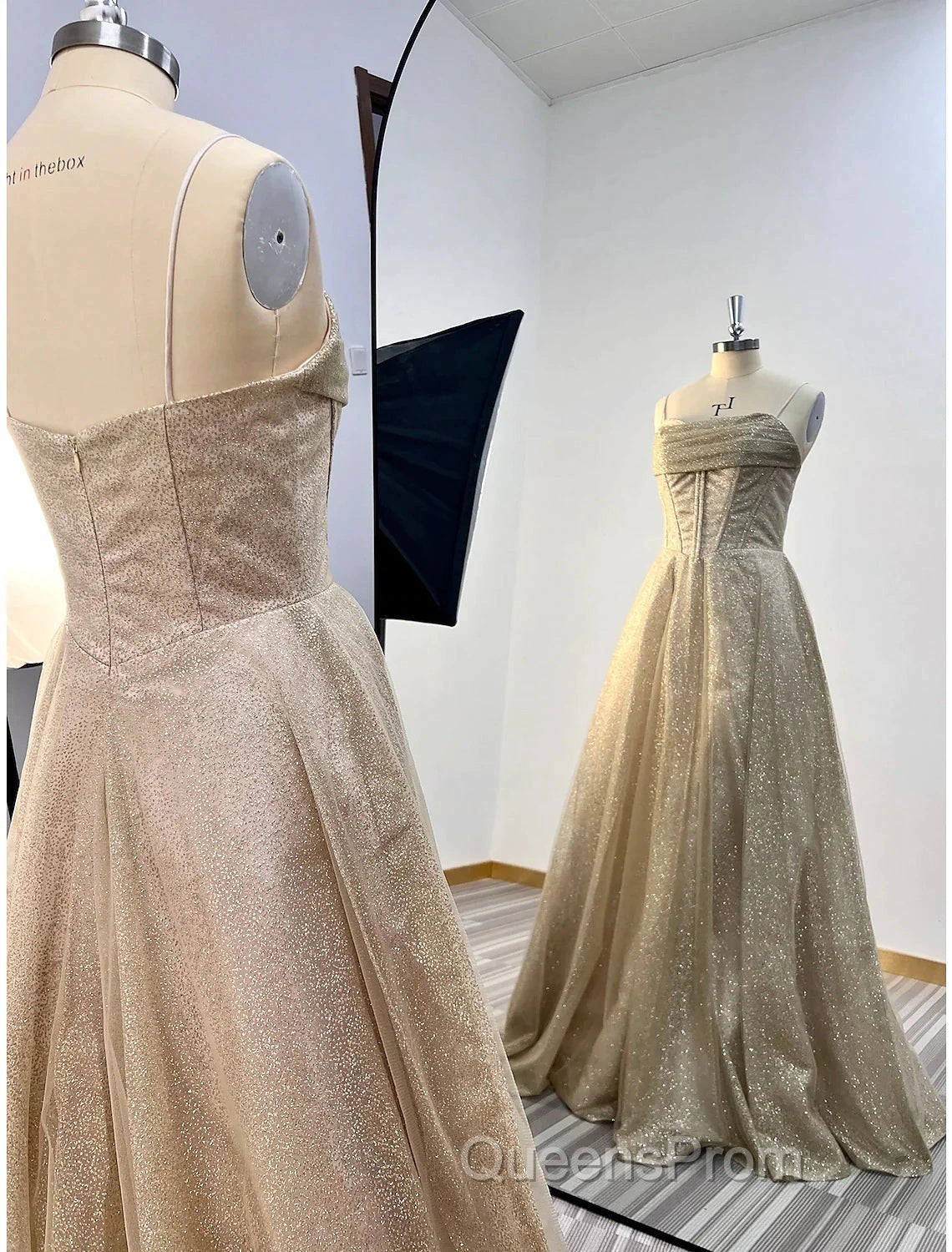 A-Line Evening Prom Dress Corsets Dress Wedding Party Sweep / Brush Train Sleeveless Spaghetti Strap Tulle With Glitter Pleats