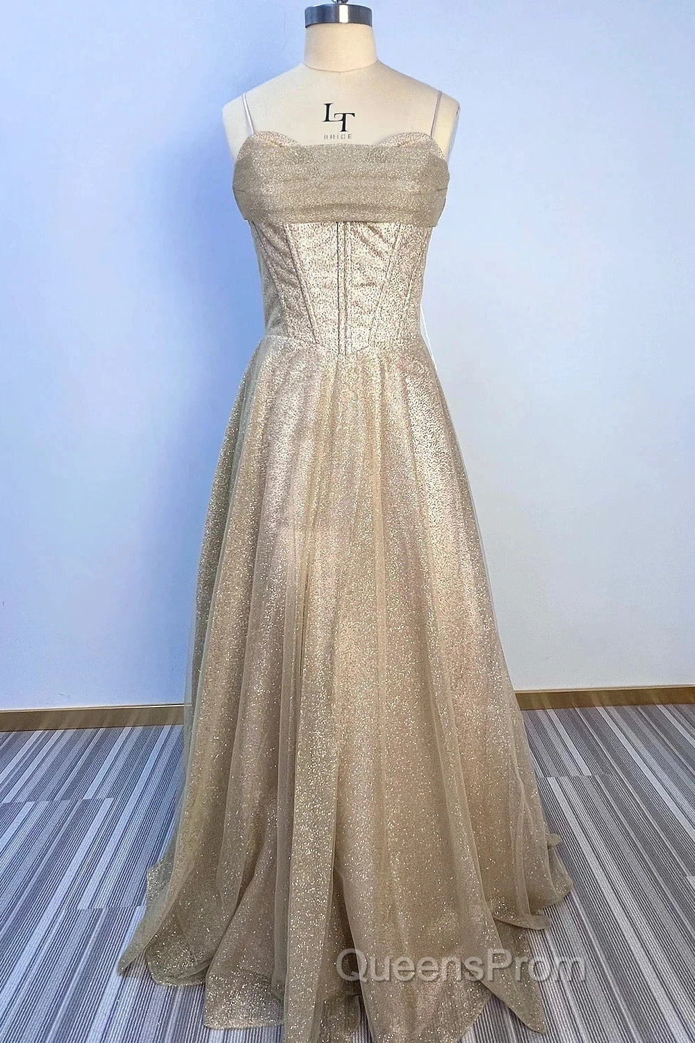 A-Line Evening Prom Dress Corsets Dress Wedding Party Sweep / Brush Train Sleeveless Spaghetti Strap Tulle With Glitter Pleats