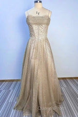 A-Line Evening Prom Dress Corsets Dress Wedding Party Sweep / Brush Train Sleeveless Spaghetti Strap Tulle With Glitter Pleats