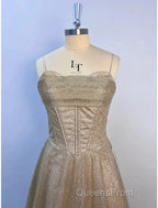 A-Line Evening Prom Dress Corsets Dress Wedding Party Sweep / Brush Train Sleeveless Spaghetti Strap Tulle With Glitter Pleats