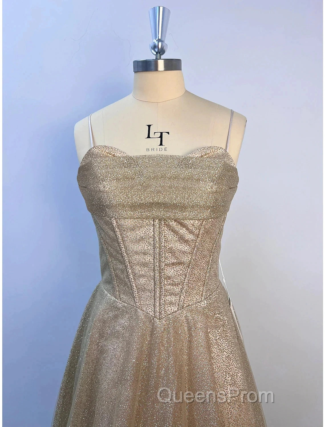 A-Line Evening Prom Dress Corsets Dress Wedding Party Sweep / Brush Train Sleeveless Spaghetti Strap Tulle With Glitter Pleats