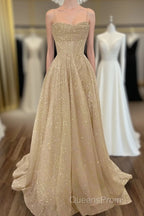 A-Line Evening Prom Dress Corsets Dress Wedding Party Sweep / Brush Train Sleeveless Spaghetti Strap Tulle With Glitter Pleats