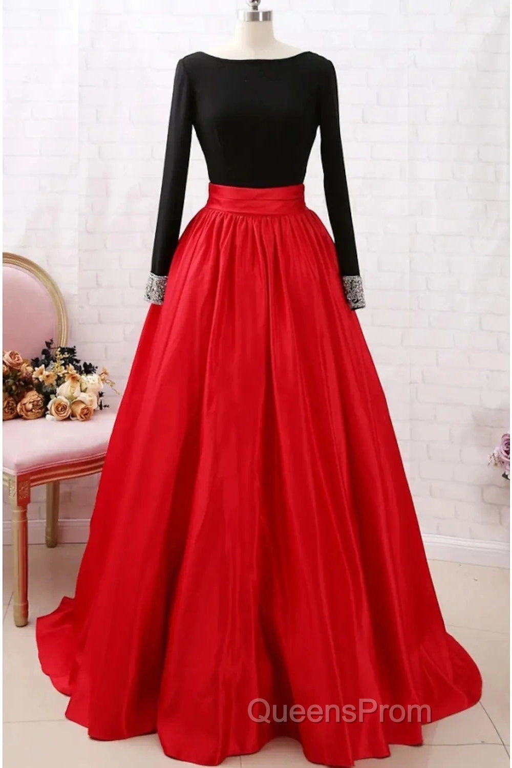 A-Line Evening Prom Dress Dress Party Wear Long Sleeve Satin With Pleats