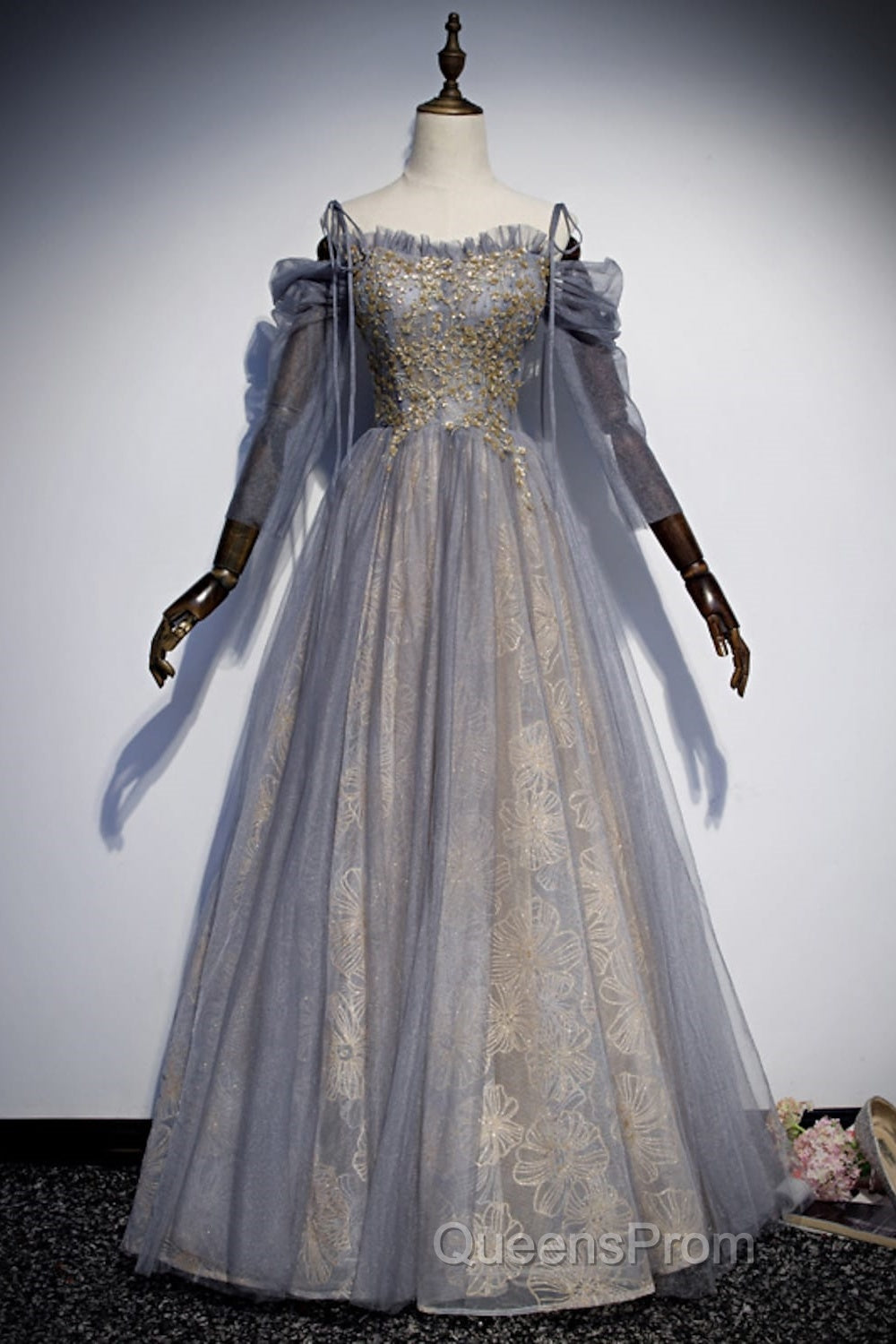 A-Line Evening Prom Dress Dress Wedding Floor Length Strap Tulle With Sequin Embroidery