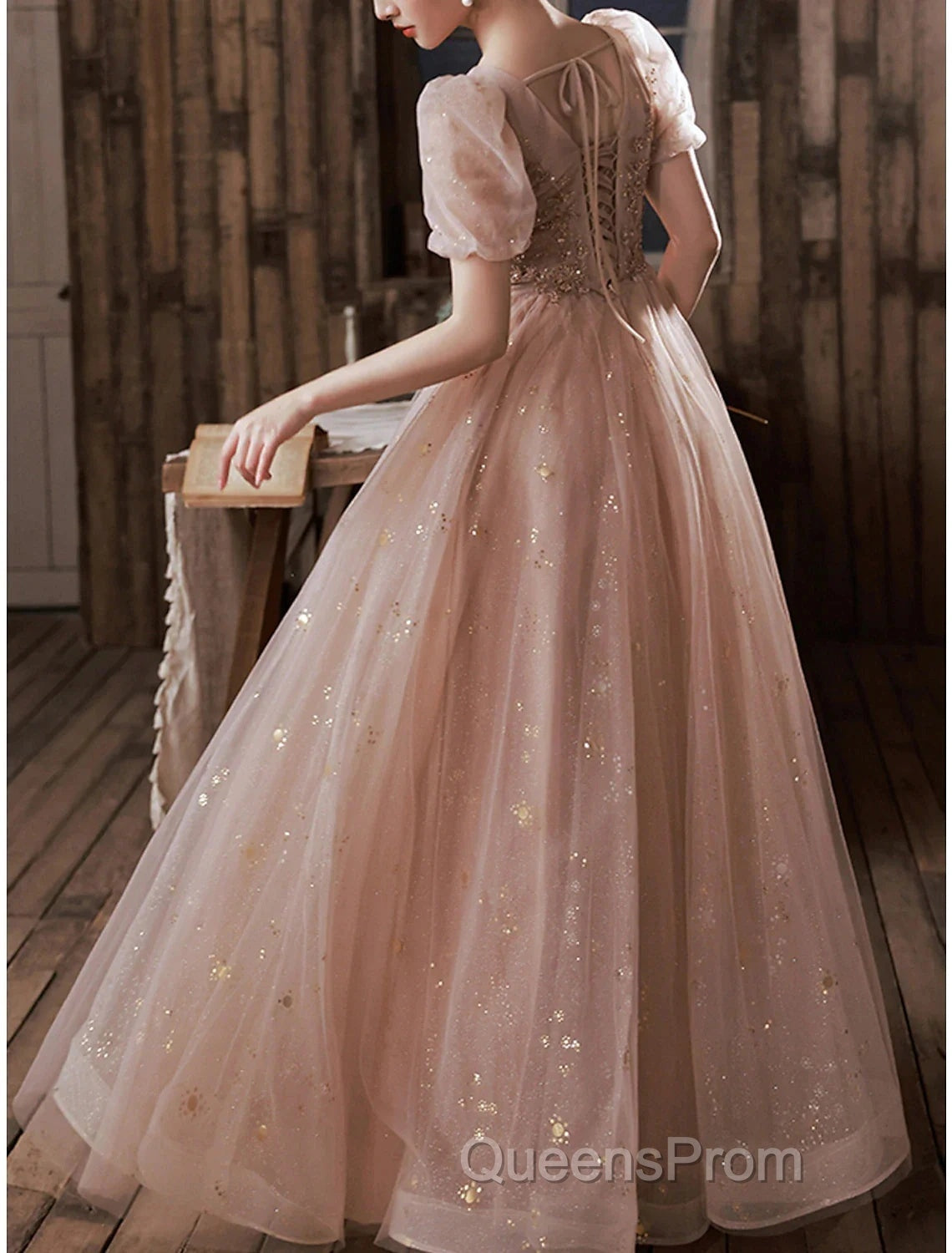 A-Line Evening Prom Dress Elegant Dress Engagement Evening Prom Floor Length Half Sleeve Square Neck Satin With Appliques Secondary image