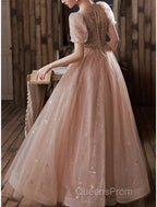 A-Line Evening Prom Dress Elegant Dress Engagement Evening Prom Floor Length Half Sleeve Square Neck Satin With Appliques