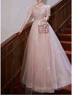 A-Line Evening Prom Dress Elegant Dress Engagement Evening Prom Floor Length Half Sleeve Square Neck Satin With Appliques