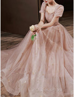 A-Line Evening Prom Dress Elegant Dress Engagement Evening Prom Floor Length Half Sleeve Square Neck Satin With Appliques