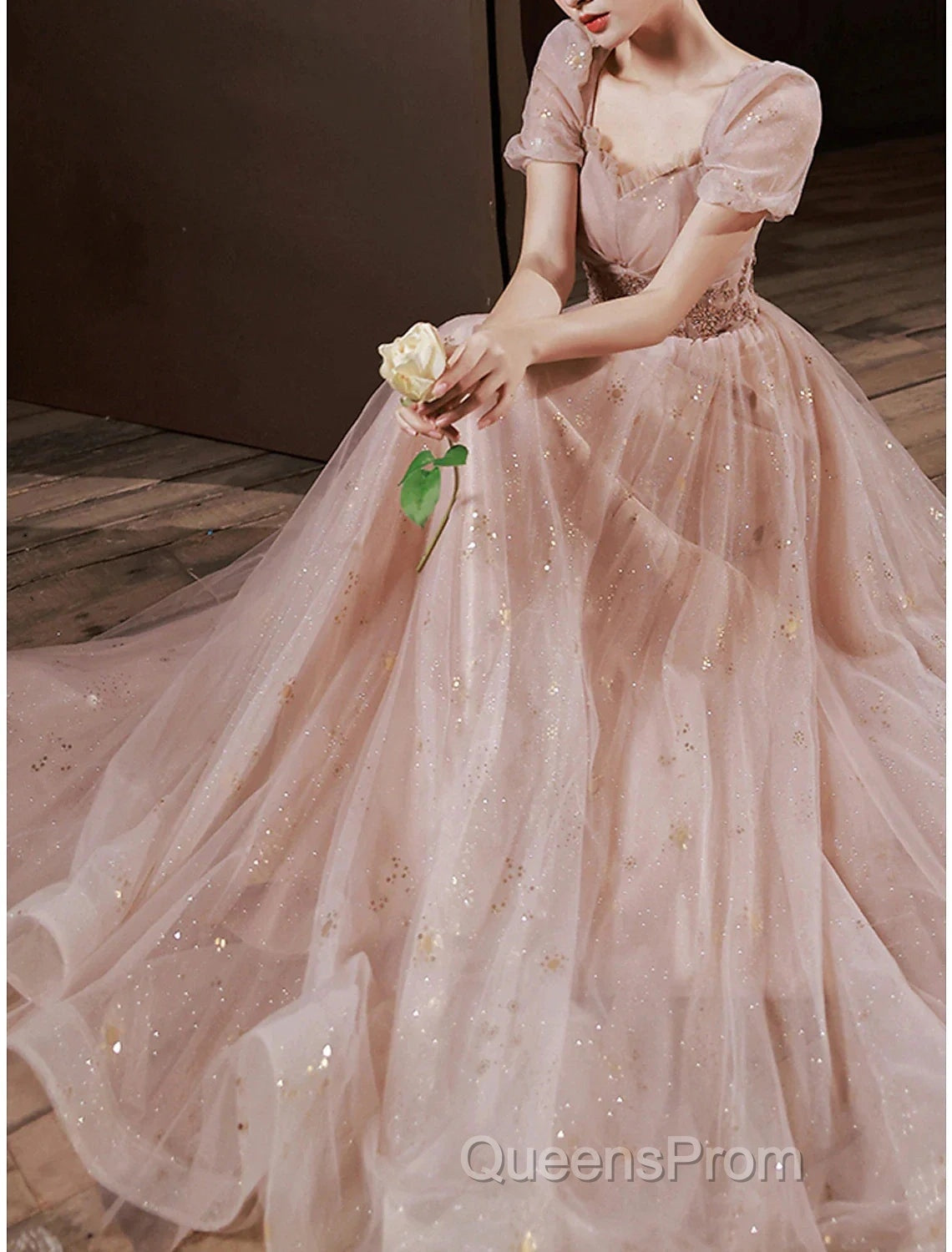 A-Line Evening Prom Dress Elegant Dress Engagement Evening Prom Floor Length Half Sleeve Square Neck Satin With Appliques
