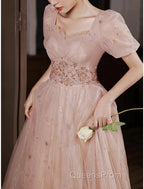 A-Line Evening Prom Dress Elegant Dress Engagement Evening Prom Floor Length Half Sleeve Square Neck Satin With Appliques