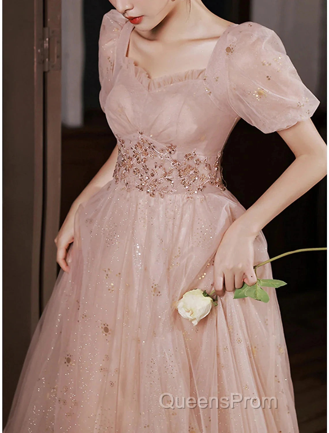 A-Line Evening Prom Dress Elegant Dress Engagement Evening Prom Floor Length Half Sleeve Square Neck Satin With Appliques