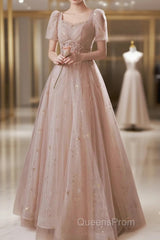 A-Line Evening Prom Dress Elegant Dress Engagement Evening Prom Floor Length Half Sleeve Square Neck Satin With Appliques